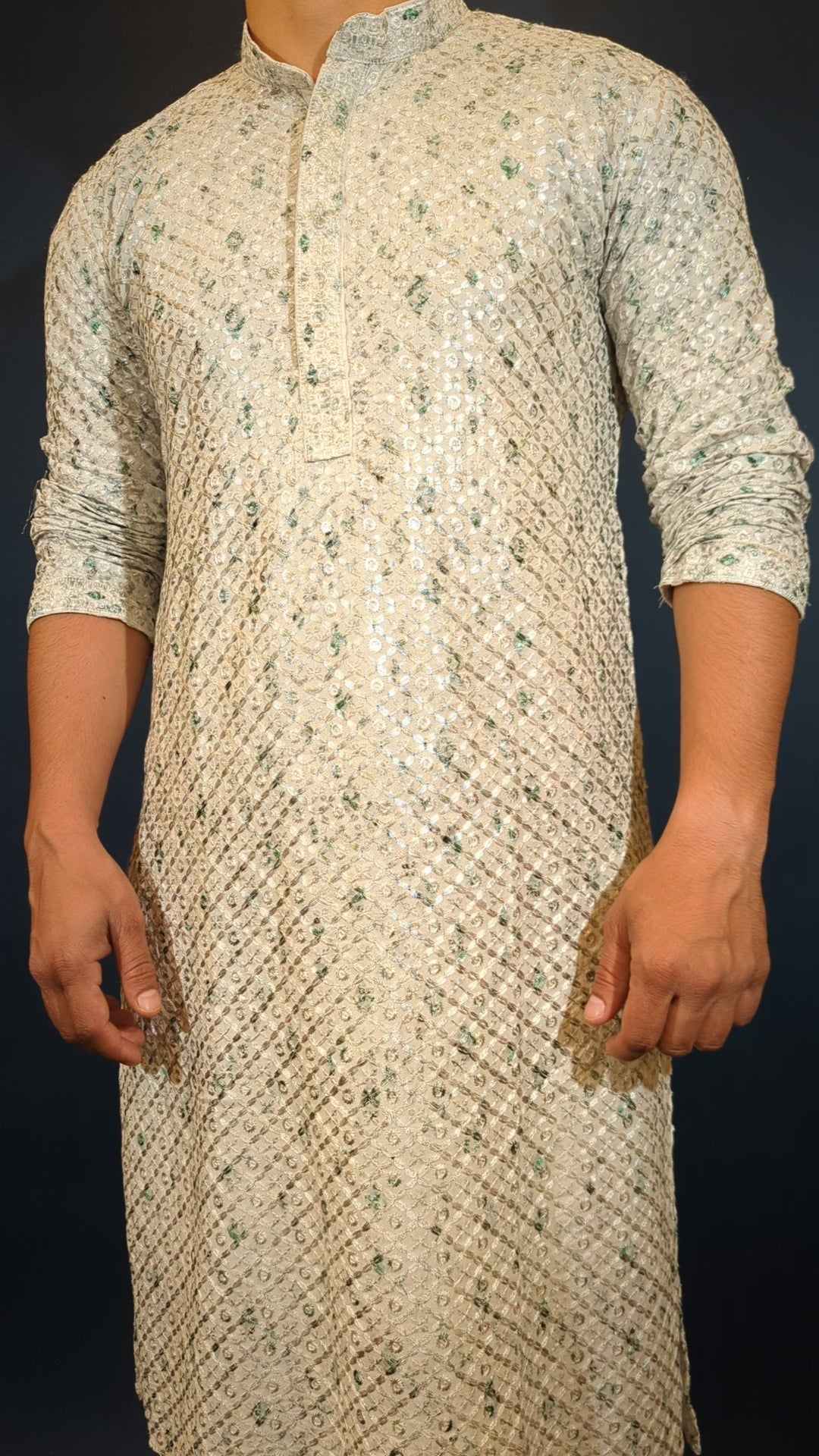 White Green Chikan  Kurta