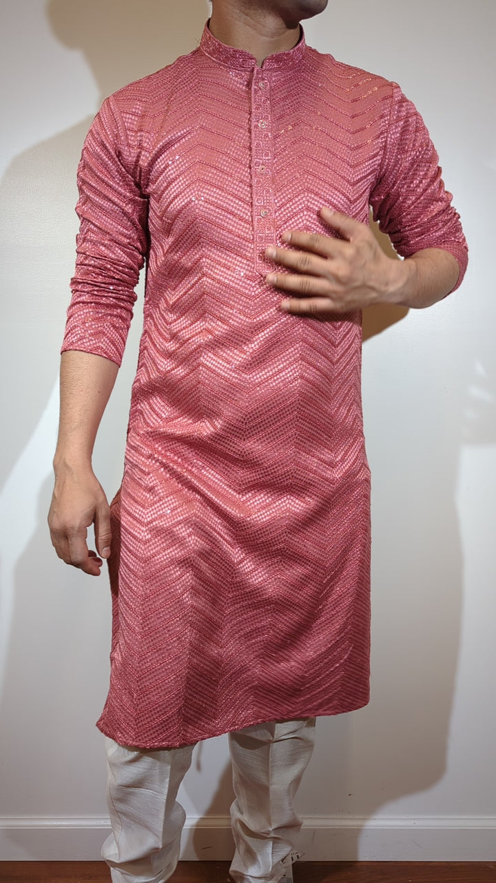 Peachy Pink Sequin Kurta (Slim Fit)