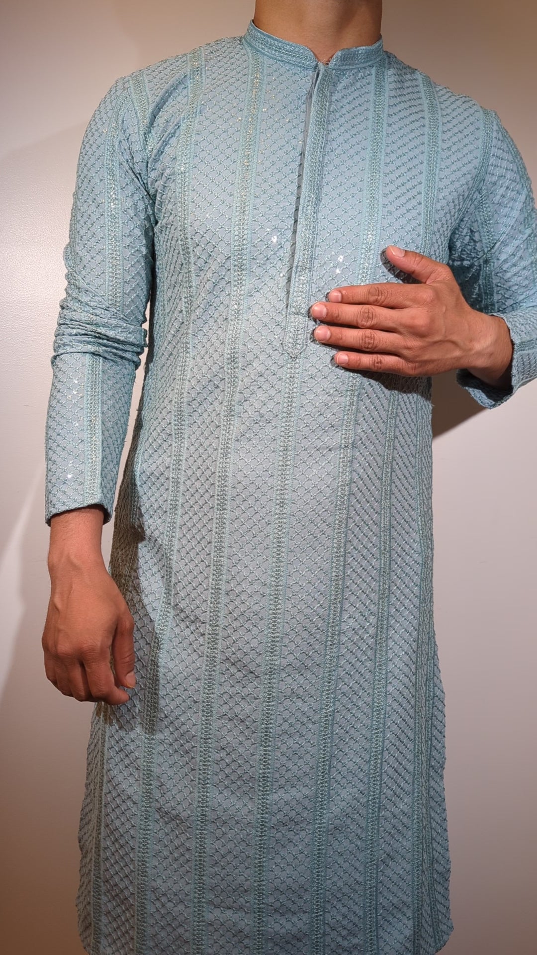 Mint Blue Chikan Kurta (Slim Fit)