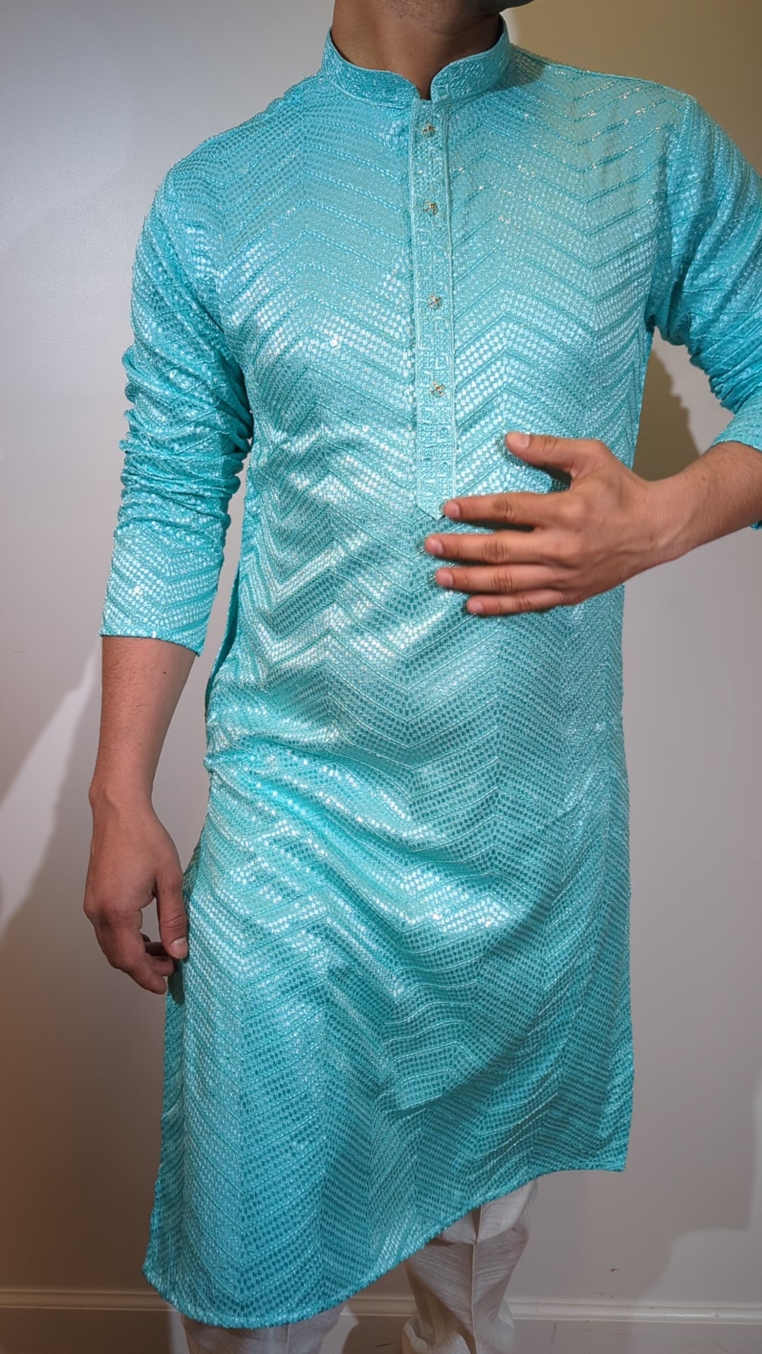 Sky Blue Sequin Kurta (Slim Fit)