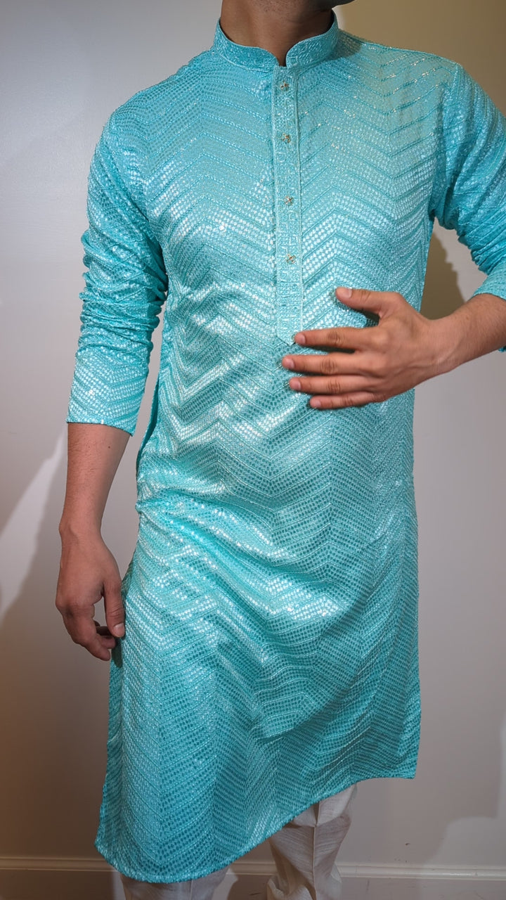 Sky Blue Sequin Kurta (Slim Fit)