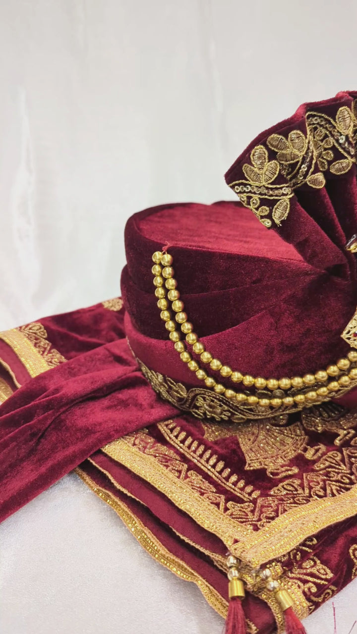 Maroon Gold Pagdi and Shawl Set