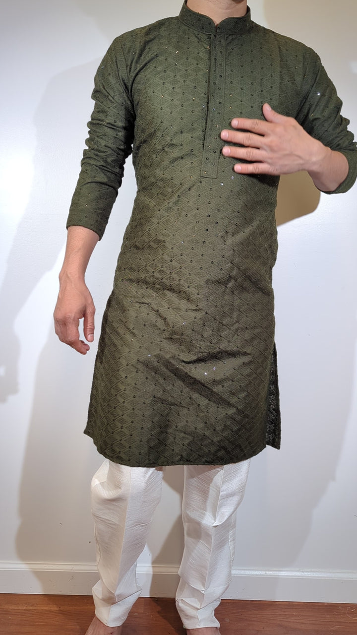 Dark Olive Chikan Kurta