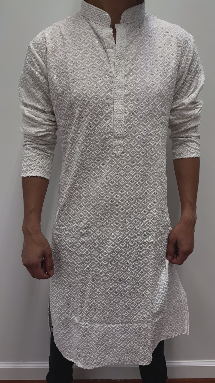 White Kurta in Boxes Pattern