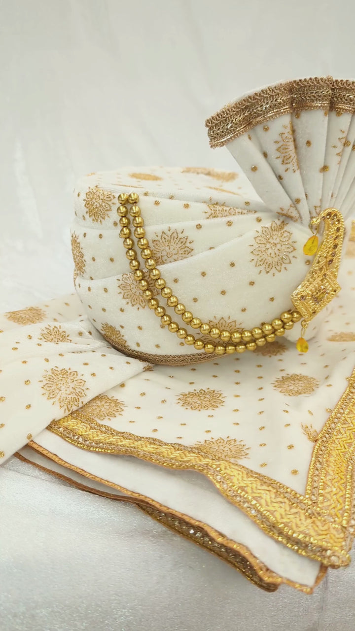 White Gold Pagdi and Shawl Set