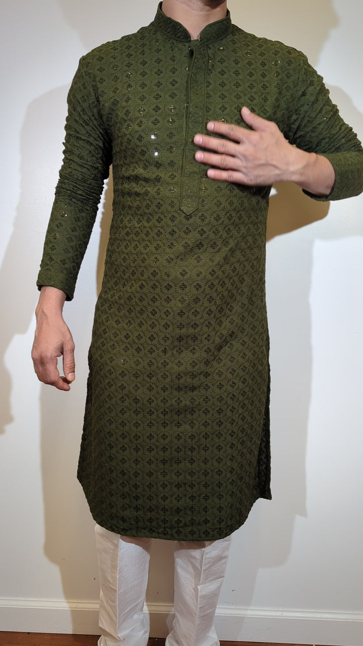 Dark Olive Chikan Kurta