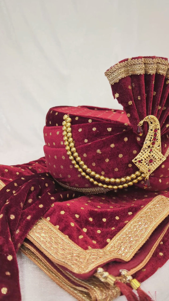 Maroon Golden Pagdi and Shawl Set