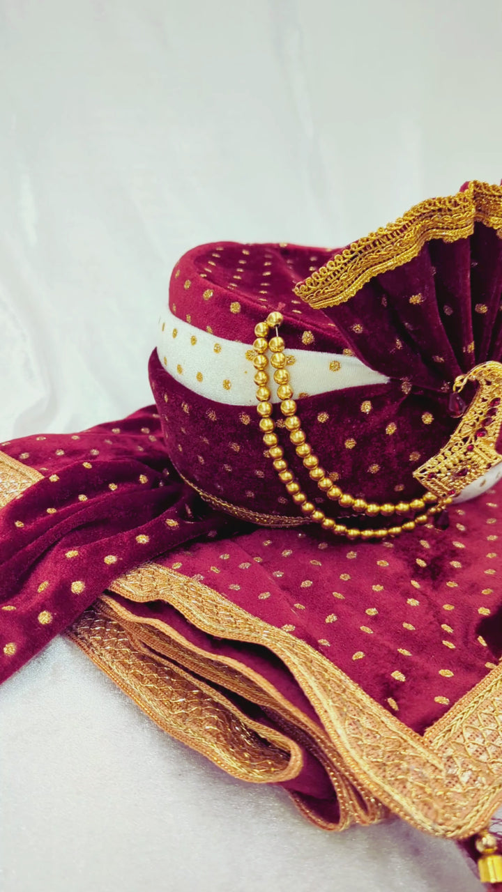 Maroon White Pagdi and Shawl Set