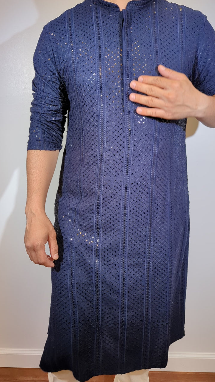 Navy Blue Chikan Kurta (Slim Fit)