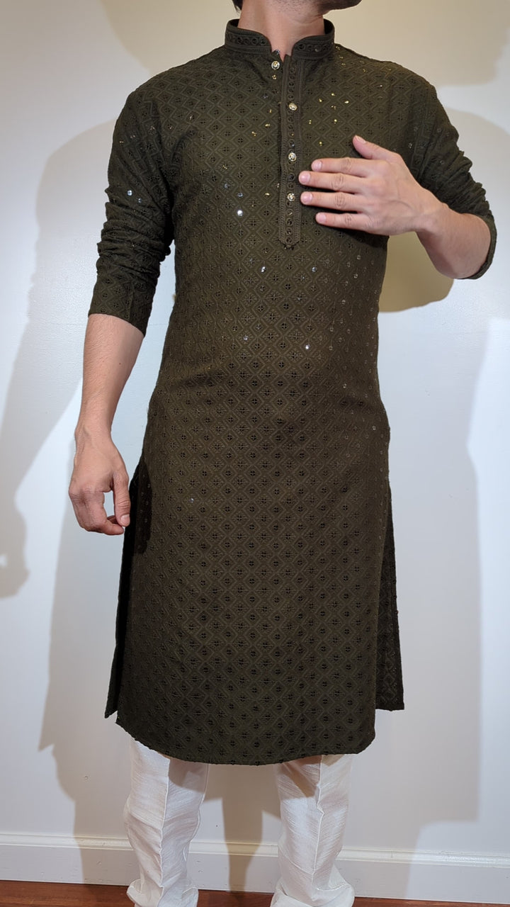 Dark Olive Chikan Kurta